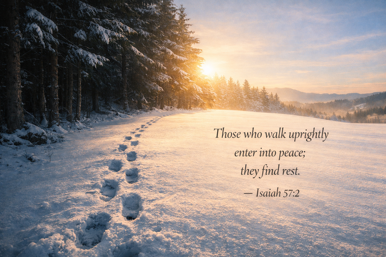 Bible verse wallpaper Isaiah 57:2 with footprints in fresh snow leading from dark forest into sunlit clearing